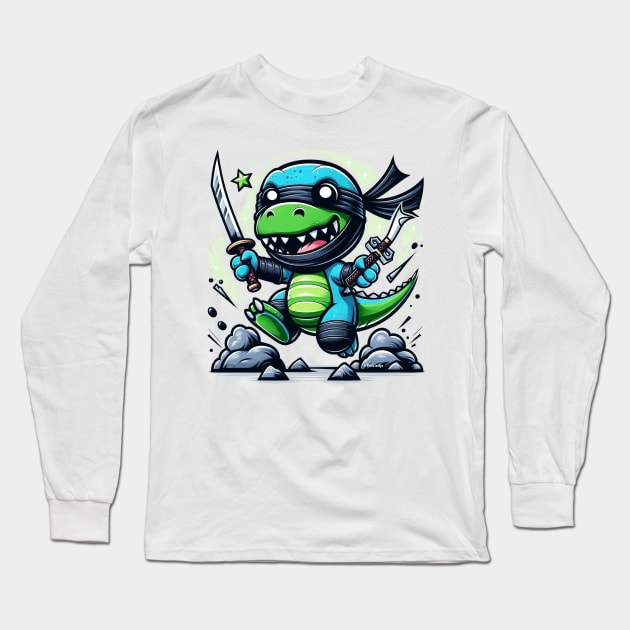 Ninja Dinosaur Long Sleeve T-Shirt by Sketchy